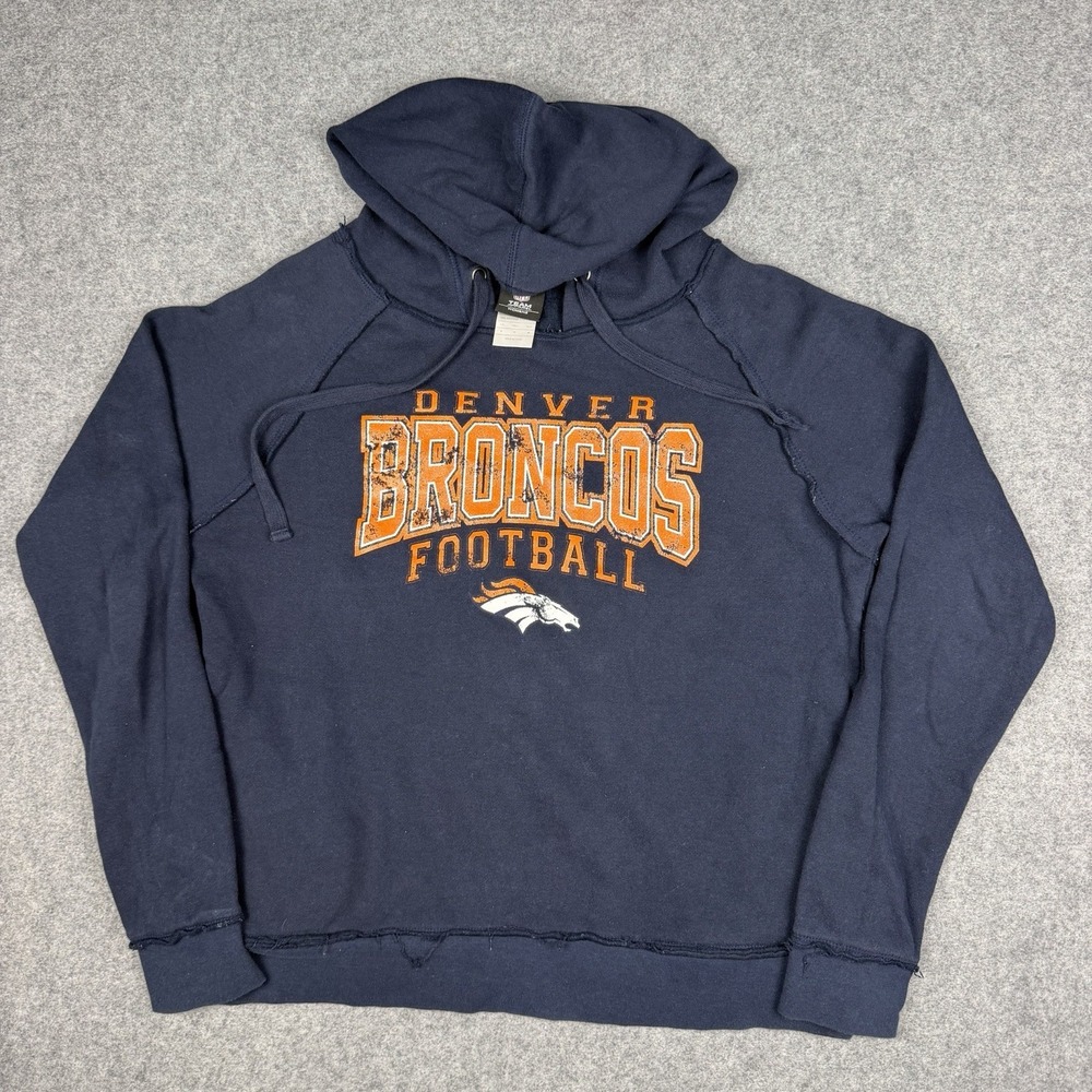 NFL Denver Broncos Hoodie Womens M Navy Blue Sweatshirt Raw Edge Exposed Seam